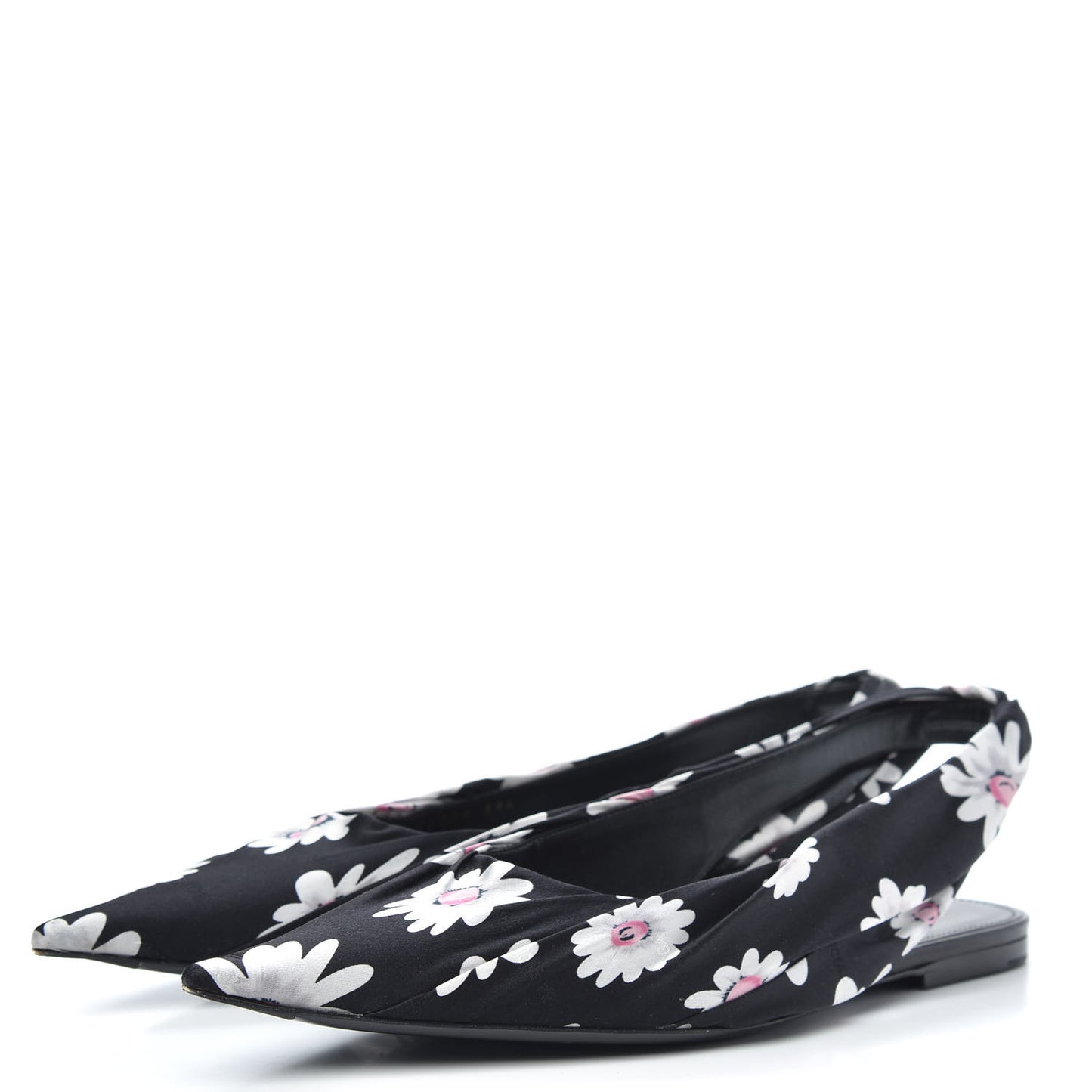 Satin Floral Print Knife Pointy Toe Slingback Flats 39.5 Black