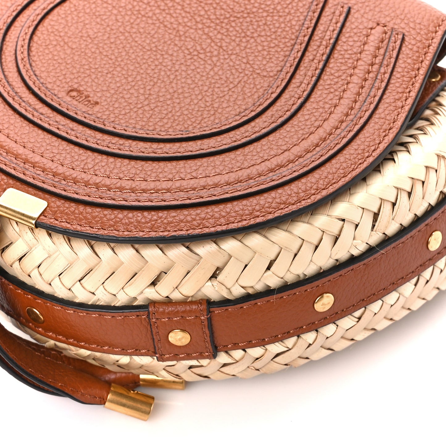 Raffia Small Grain Calfskin Small Marcie Basket Crossbody Tan