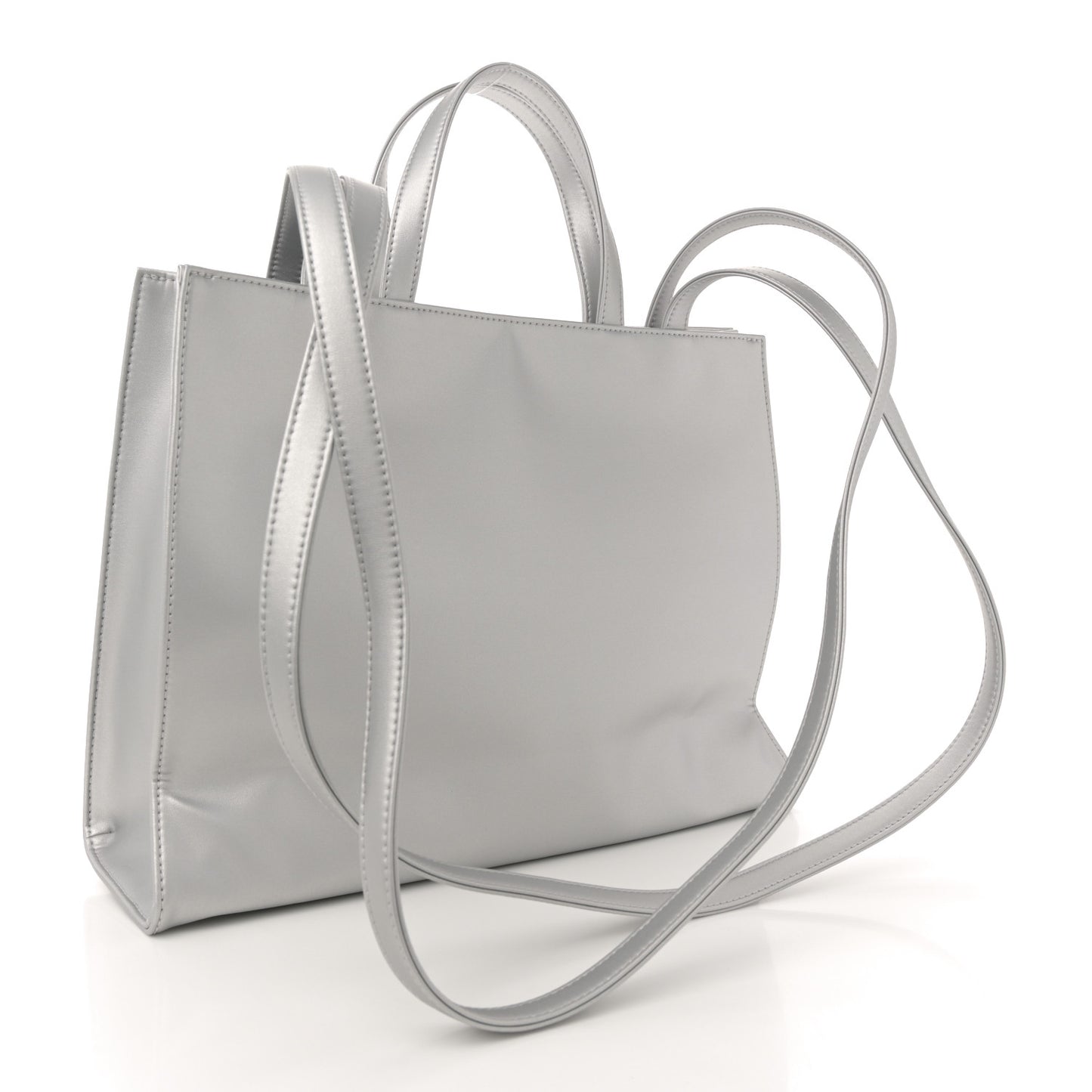 Metallic Vegan Leather Medium Shopping Bag Silver