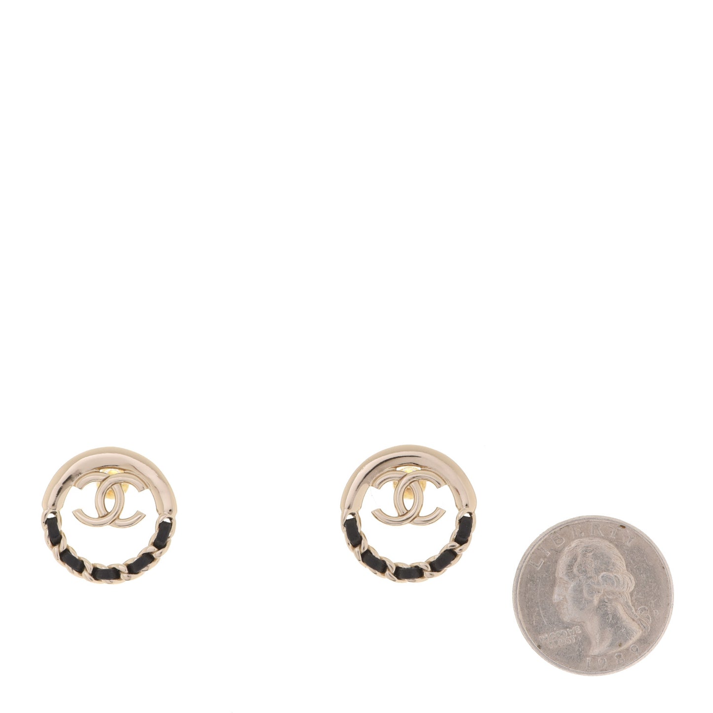 Lambskin Chain CC Round Earrings Gold Black