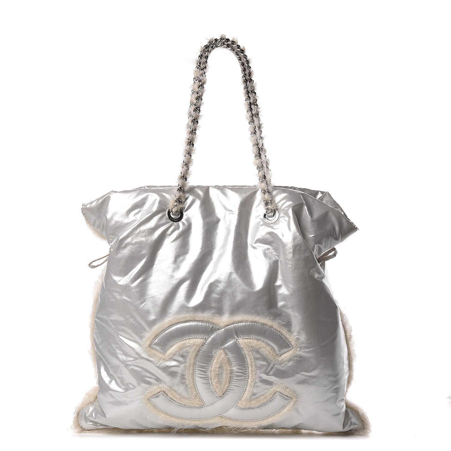 Chanel Vinyl Mohair Trimmed CC Bonbons Tote Silver 465438