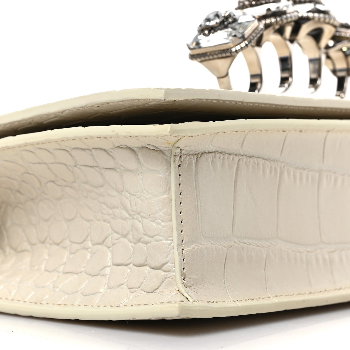 Shiny Calfskin Crocodile Embossed Knuckle Jeweled Crossbody White