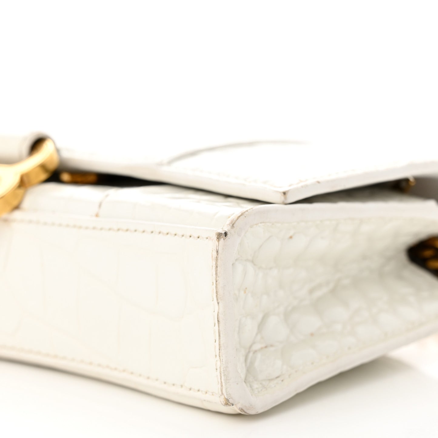 Shiny Calfskin Crocodile Embossed Hourglass Chain Bag White