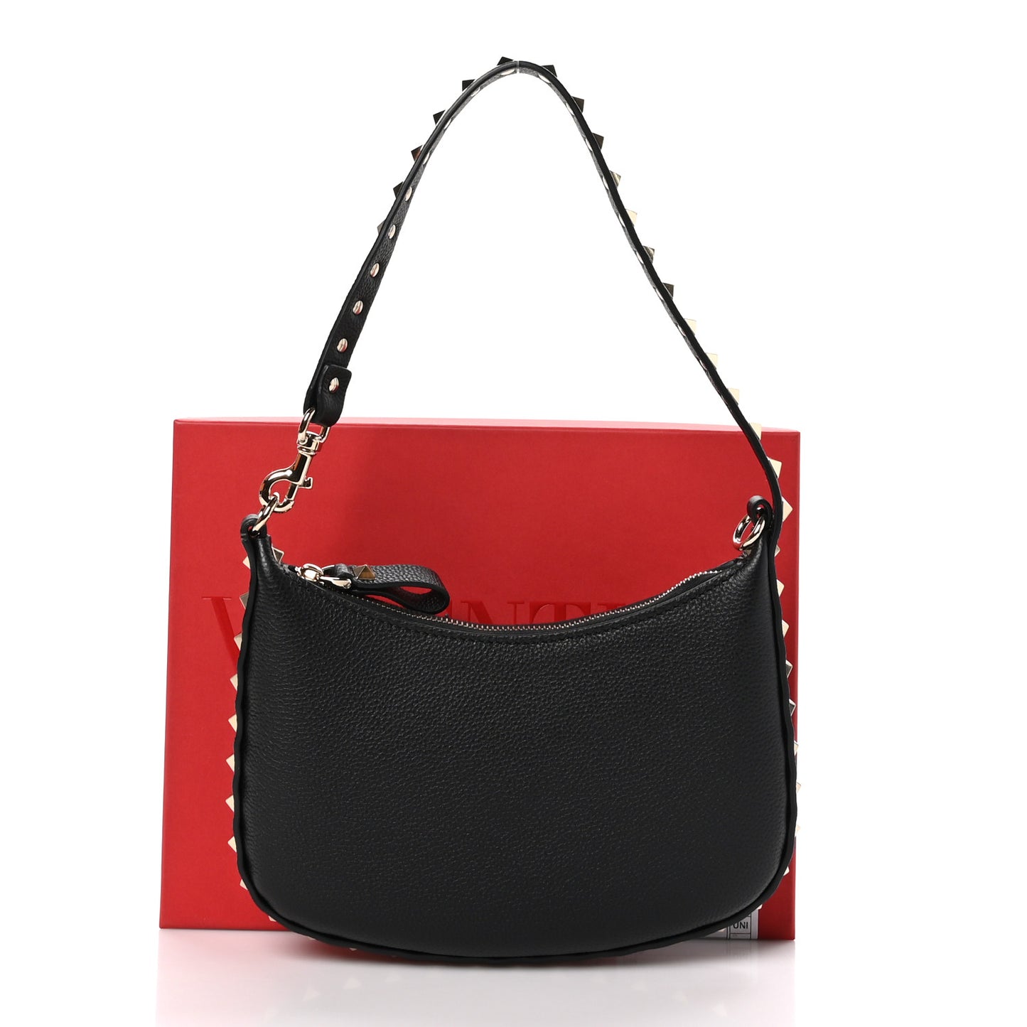 Grainy Calfskin Mini Rockstud Hobo Black