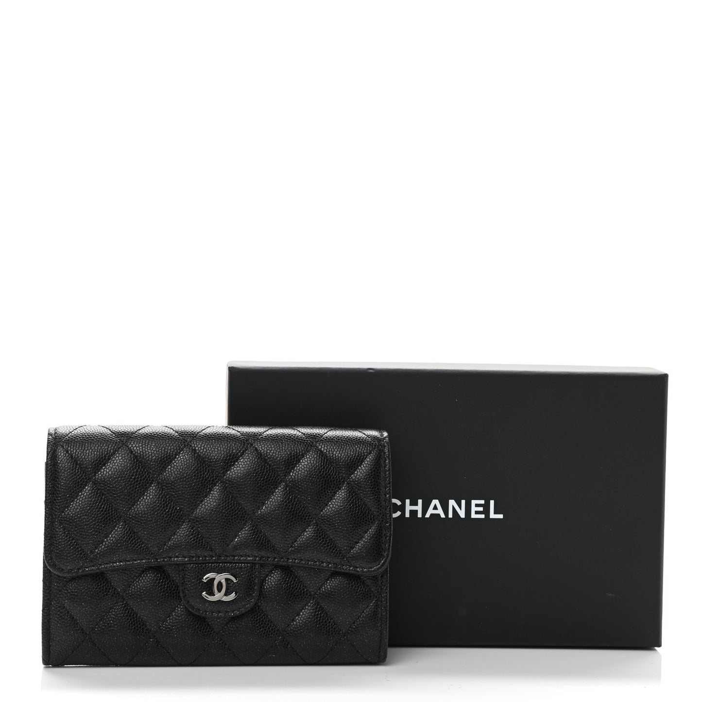 Iridescent Caviar Quilted Medium Flap Wallet Black