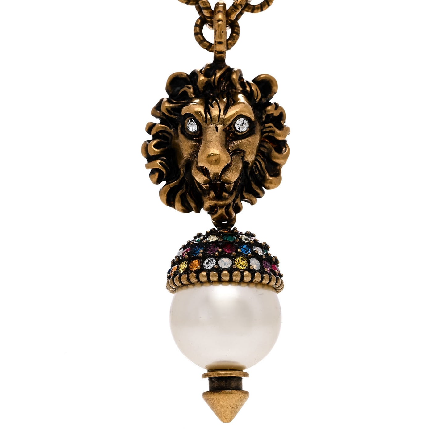 Metal Crystal Pearl Lion Head Necklace Aged Gold