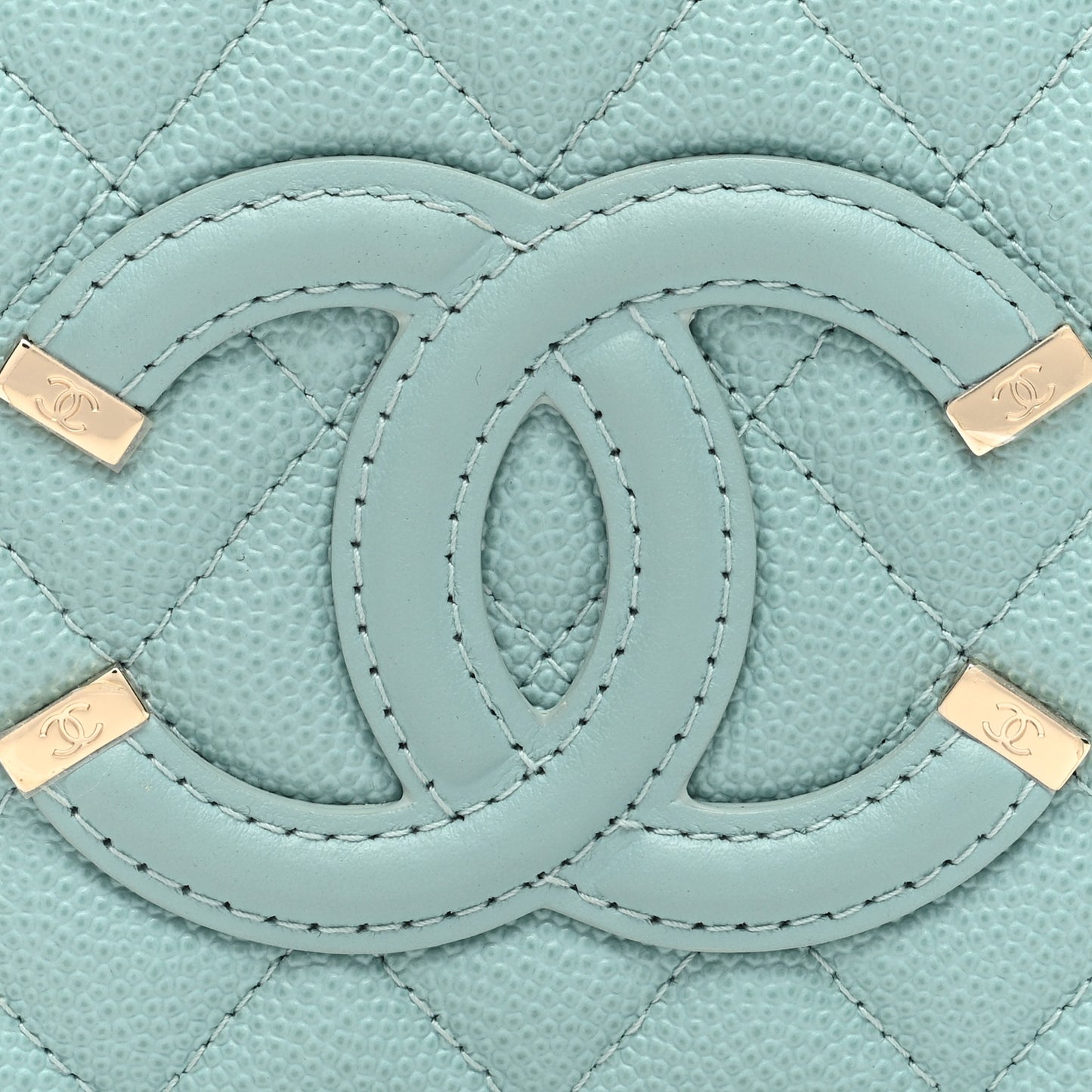 Caviar Quilted Filigree Vanity Clutch With Chain Light Blue