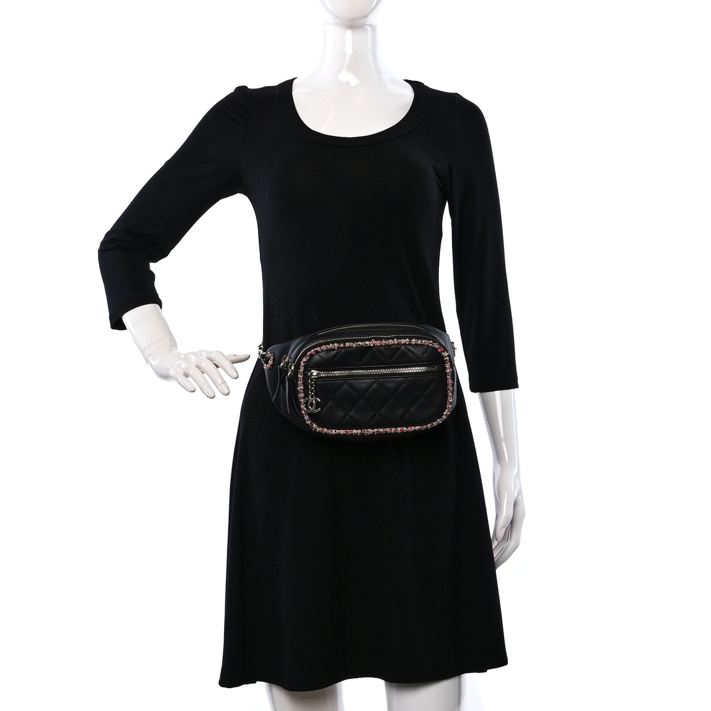 Lambskin Tweed Quilted Elegant Trim Waist Belt Bag Black