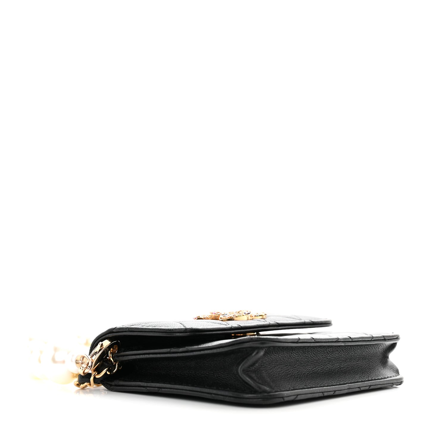 Lambskin Quilted Zirconium Pearl Card Holder Flap With Chain Black