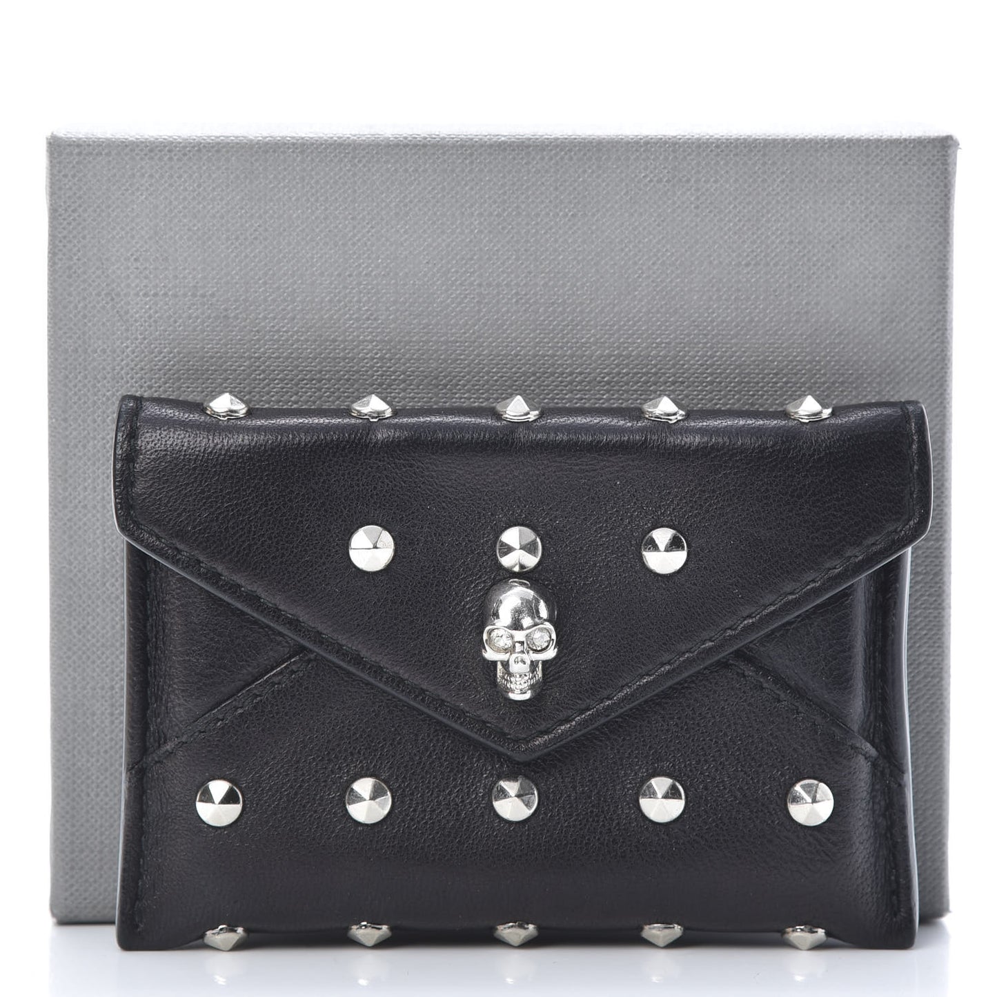 Calfskin Studded Skull Envelope Card Holder Black