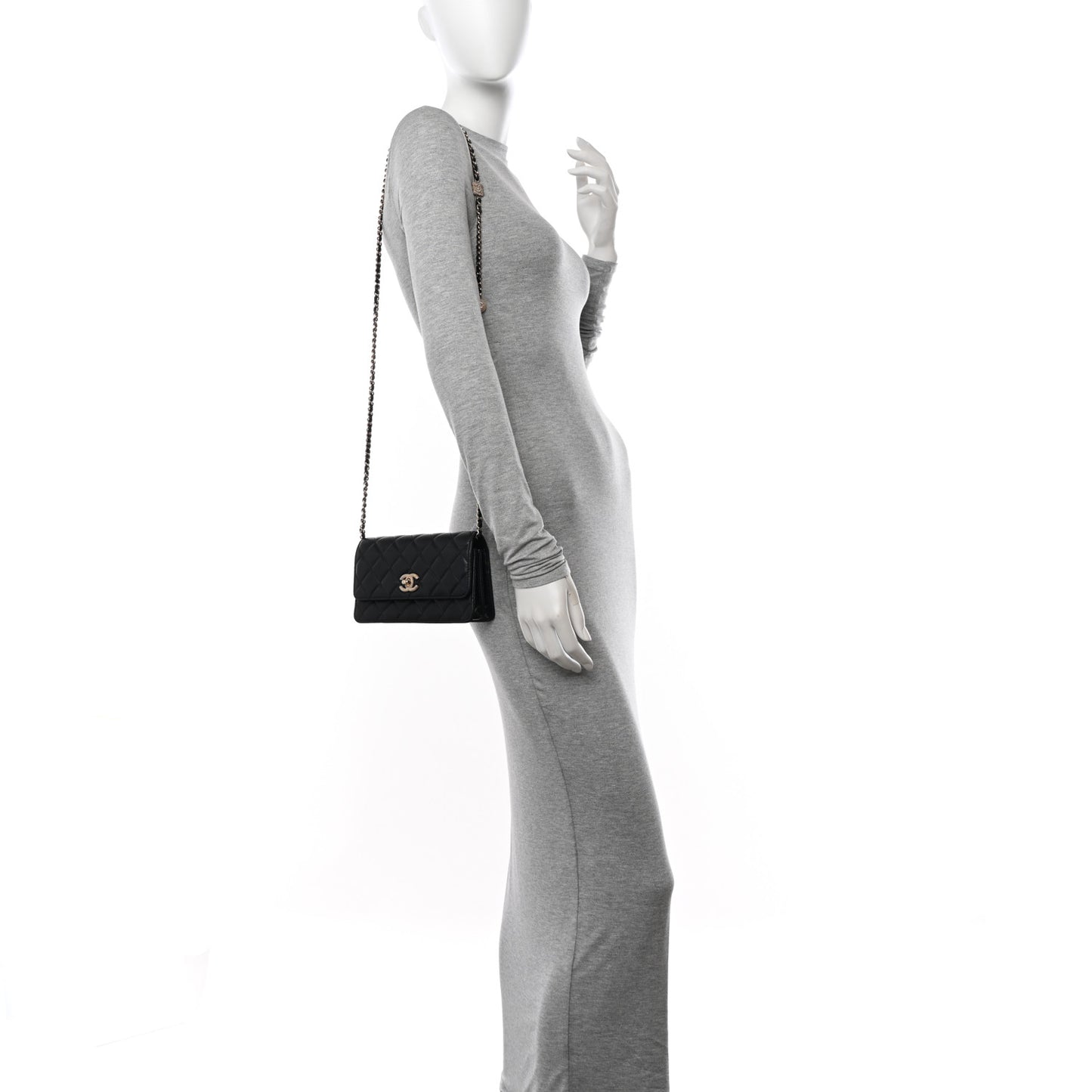 Lambskin Quilted Strass Studded CC Wallet on Chain WOC Black