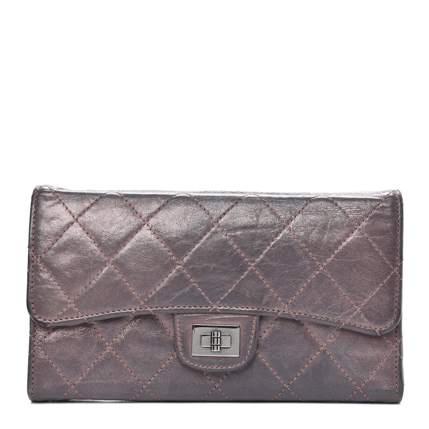 Metallic Aged Calfskin Quilted Reissue Long Flap Wallet Purple