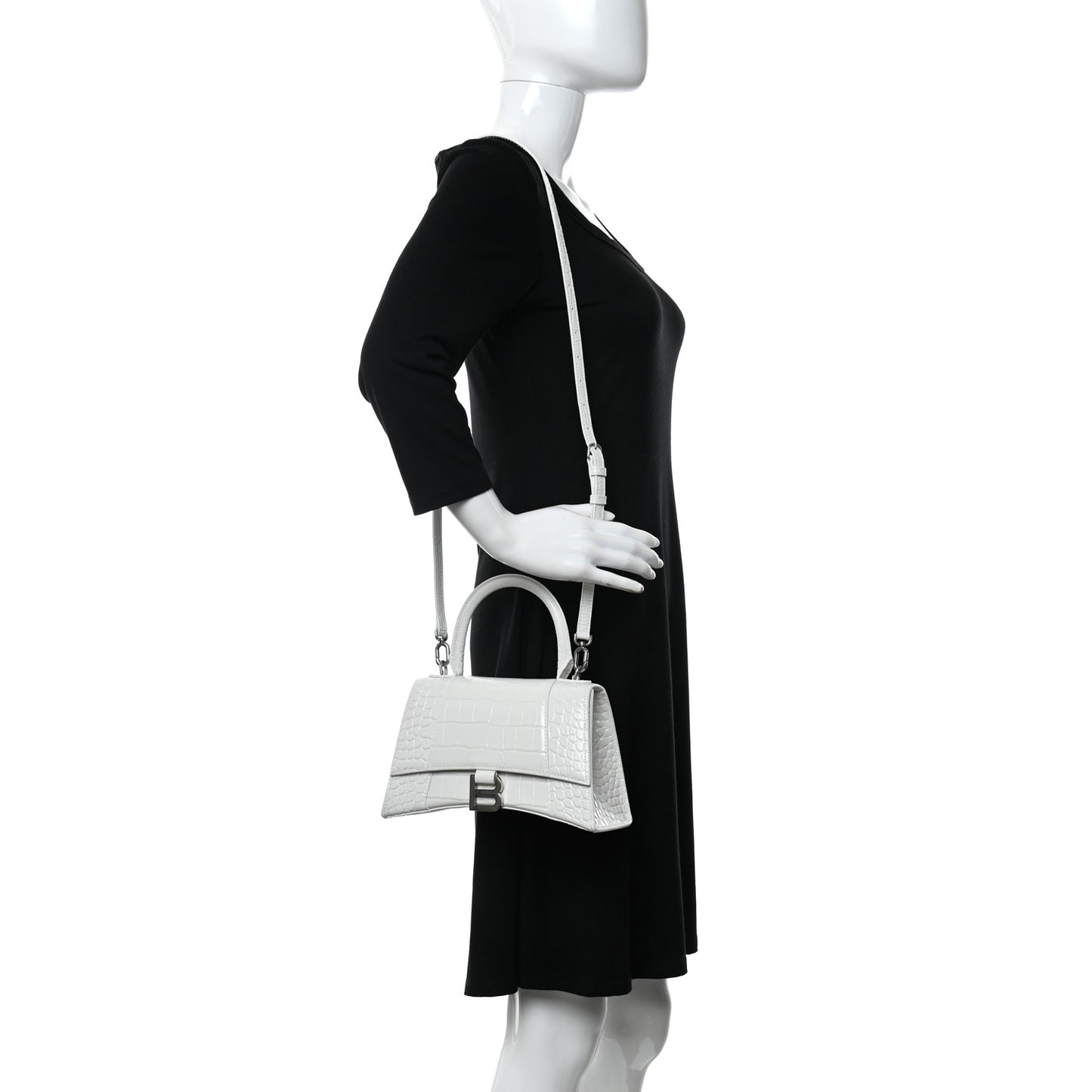 Calfskin Crocodile Embossed Small Hourglass Top Handle Bag White