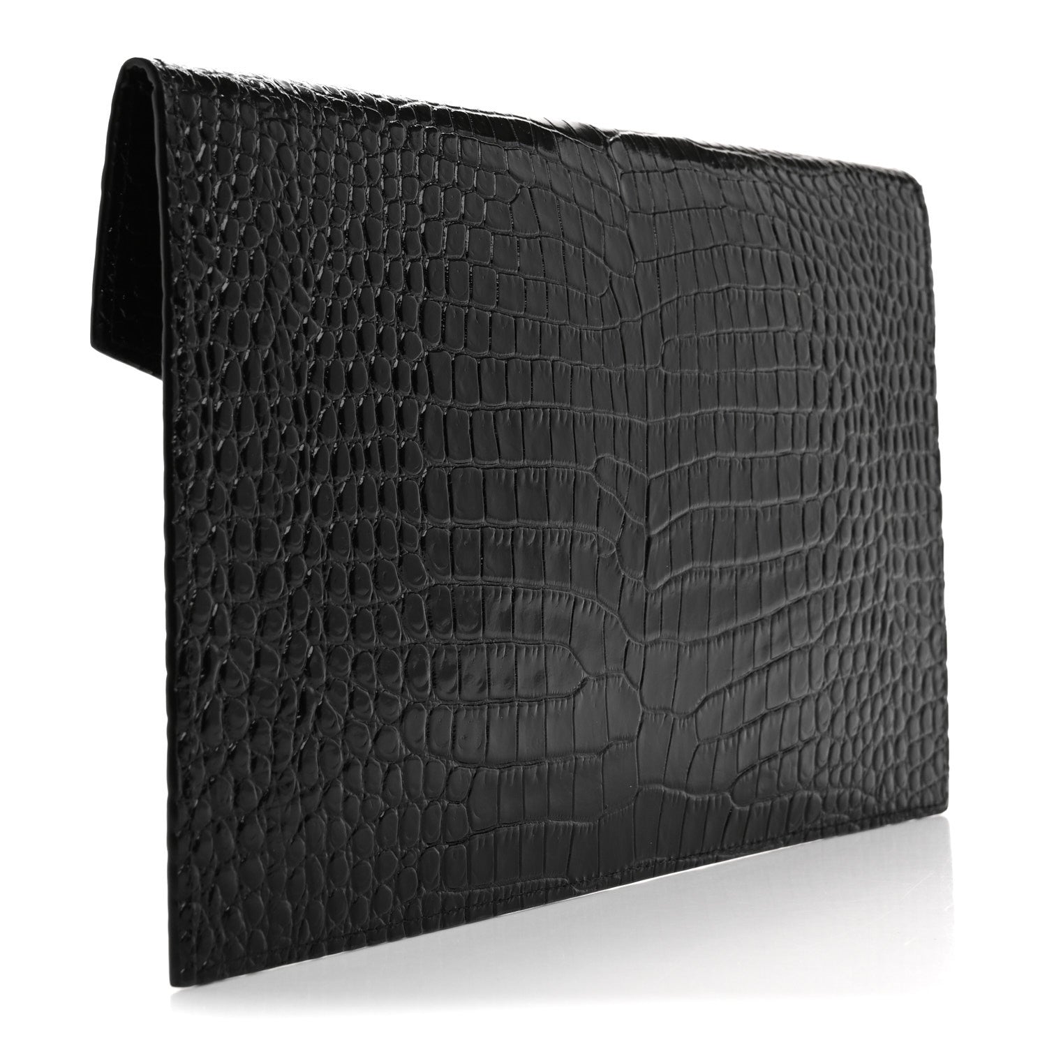 Saint Laurent Calfskin Crocodile Embossed Uptown Monogram Pouch Black 3 of 7
