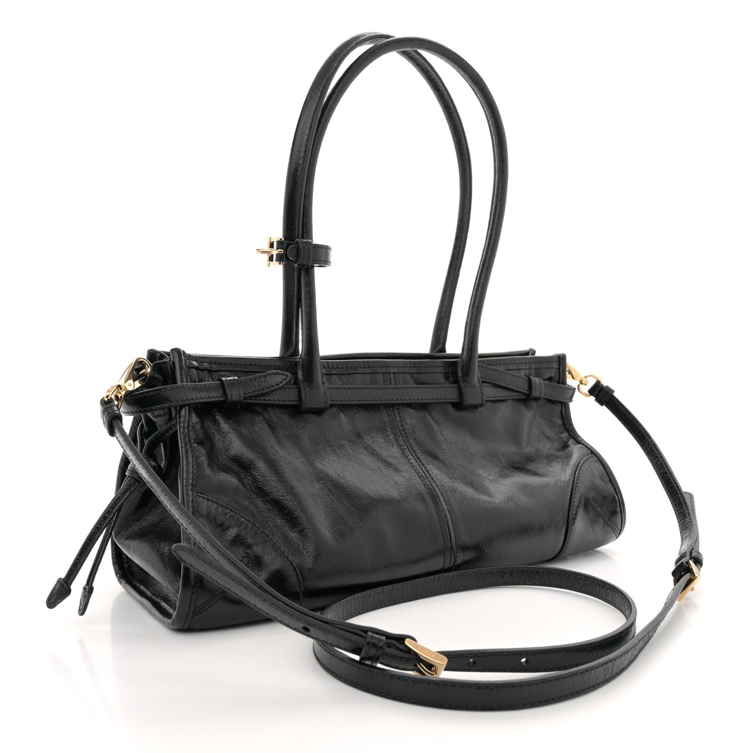 Prada Glossy Calfskin Triangle Medium Bonnie Shoulder Bag Black 3 of 11