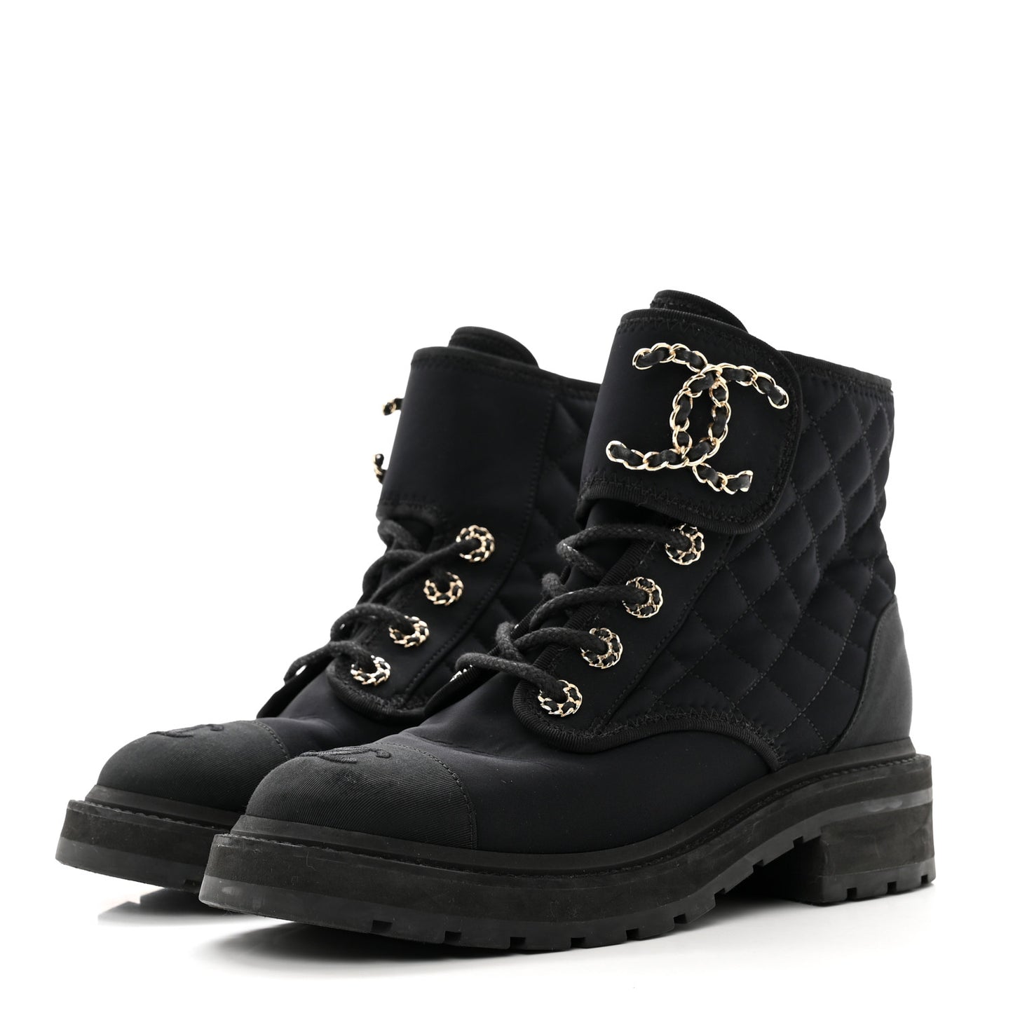 Fabric Grosgrain Quilted Cap Toe Lace Up Combat Boots 37 Black
