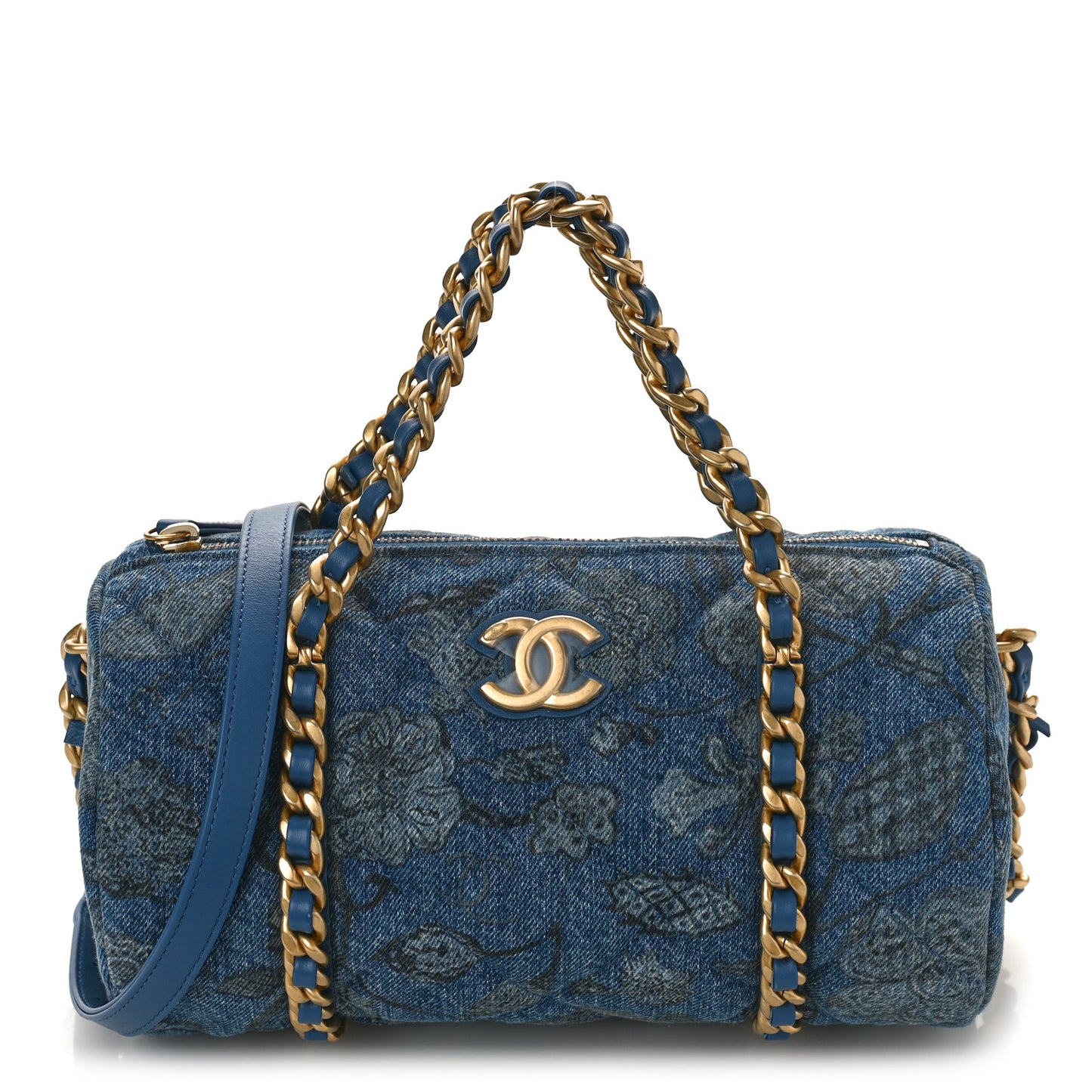Denim Printed Destination Chenonceau Bowling Bag Blue Grey White