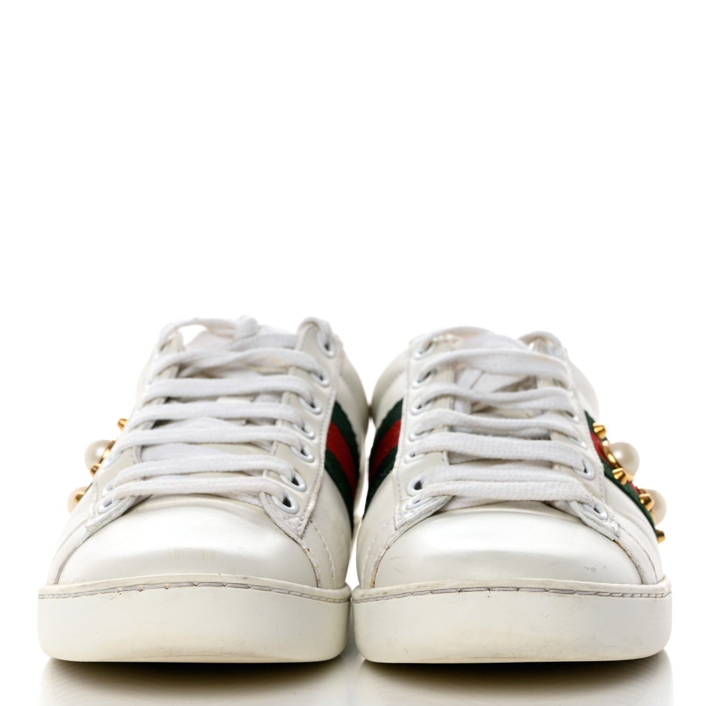 Calfskin Web Pearl Studded Womens Ace Sneakers 35 White