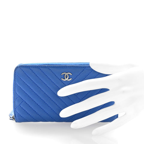 Lambskin Quilted CC Crossing Small Zip Around Wallet Blue