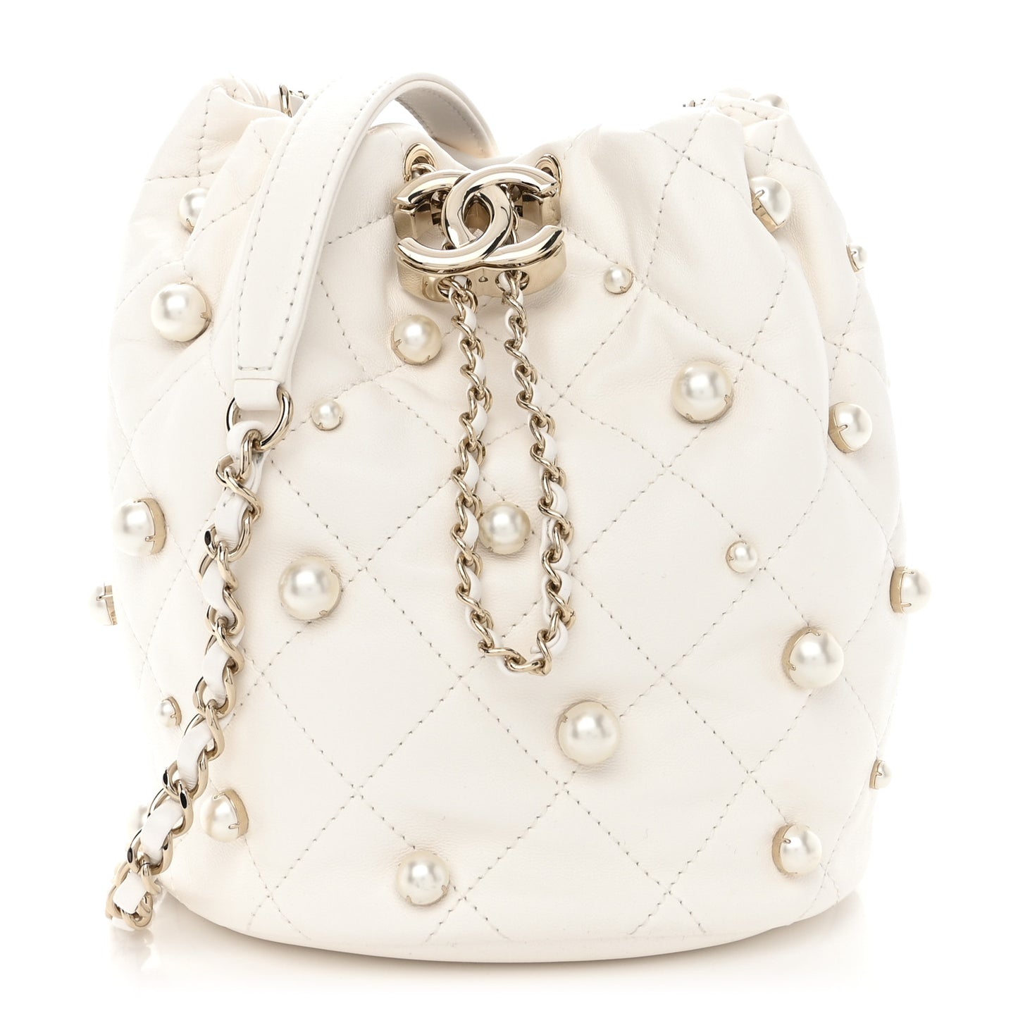 Lambskin Quilted Pearl About Pearls Drawstring Bag White