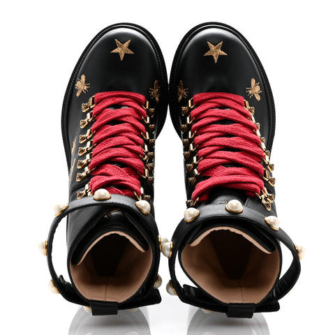 Calfskin Embroidered Lace Up Combat Ankle Boots 37 Black