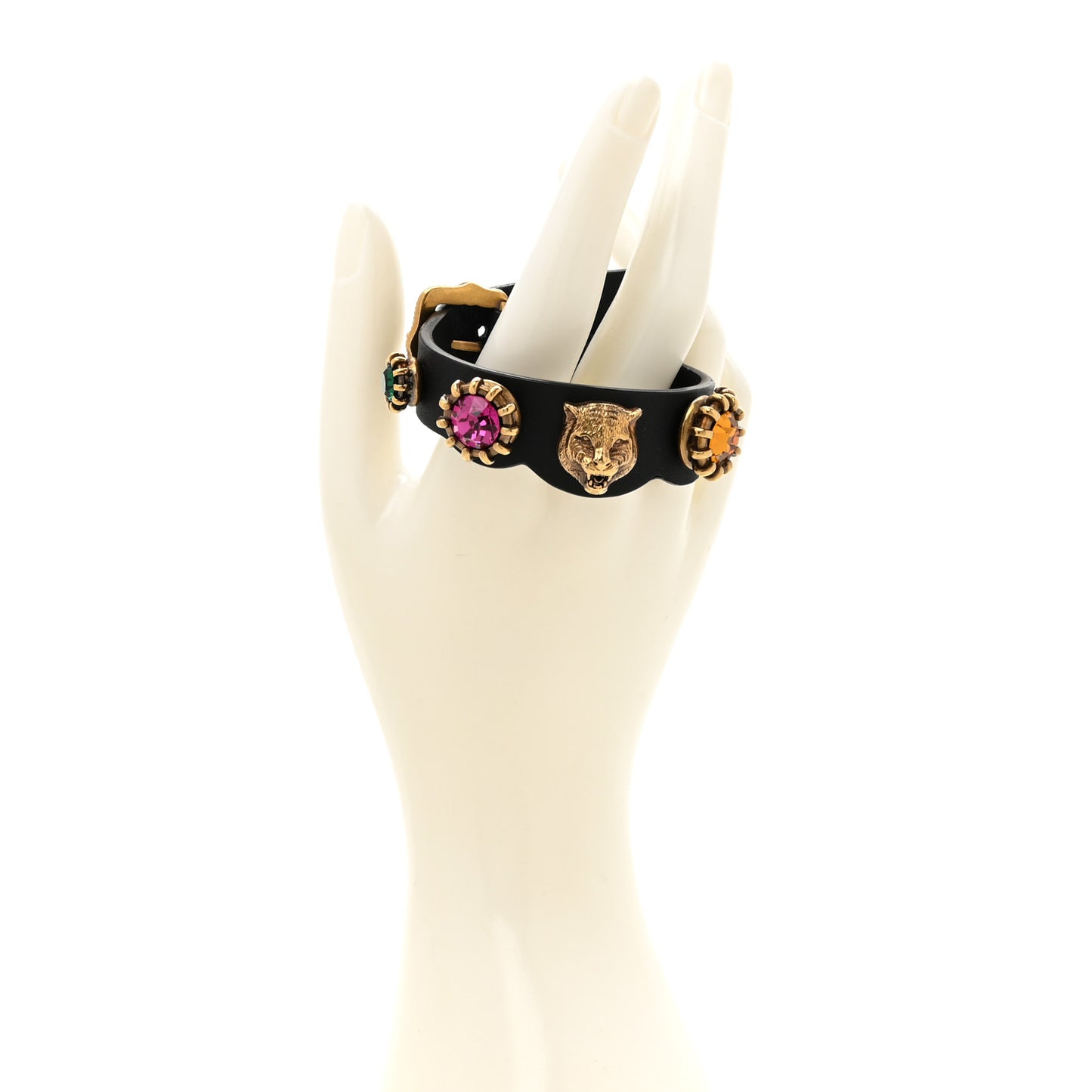 Calfskin Crystal Feline Heads Bracelet Black