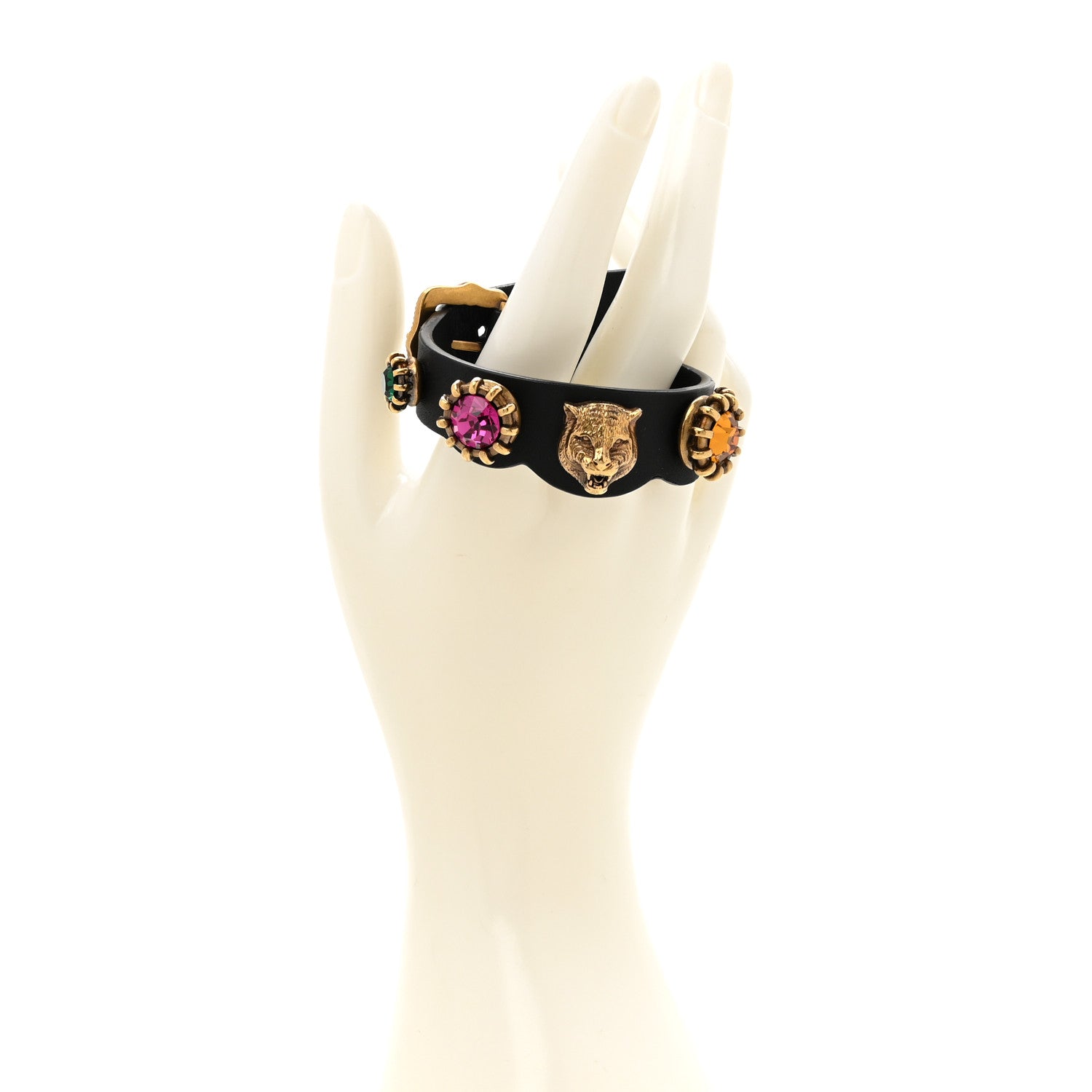 Gucci Calfskin Crystal Feline Heads Bracelet Black 2 of 5