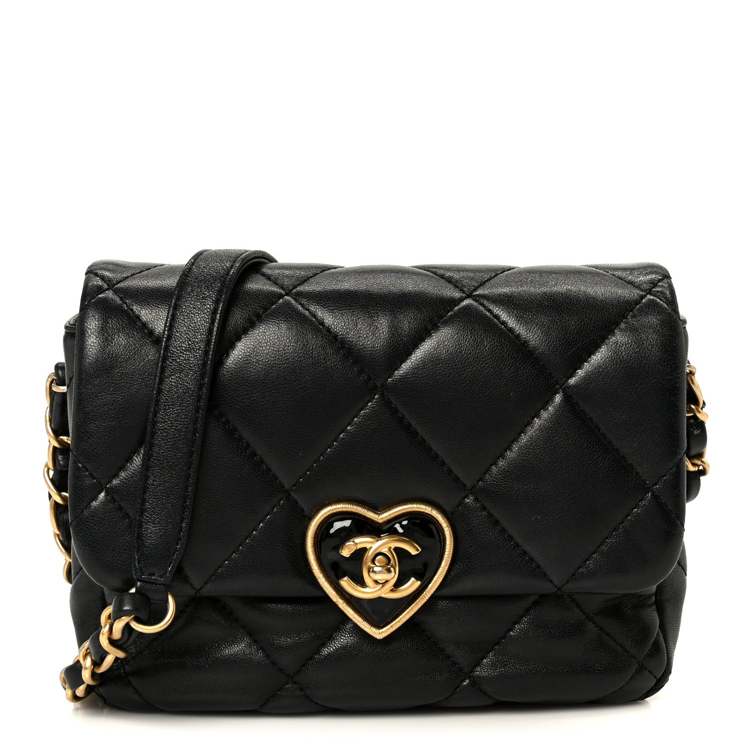 Chanel Lambskin Resin Quilted Mini Heart Square Flap Black 1867017