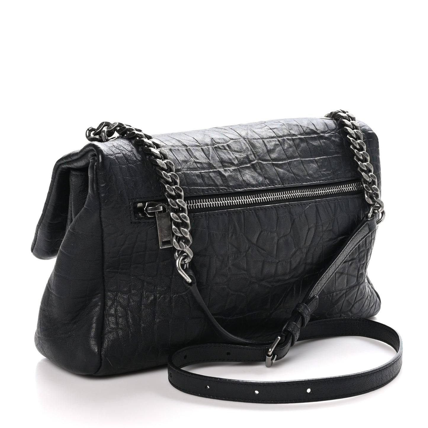 Calfskin Crocodile Embossed Medium West Hollywood Monogram Fold-Over Grey