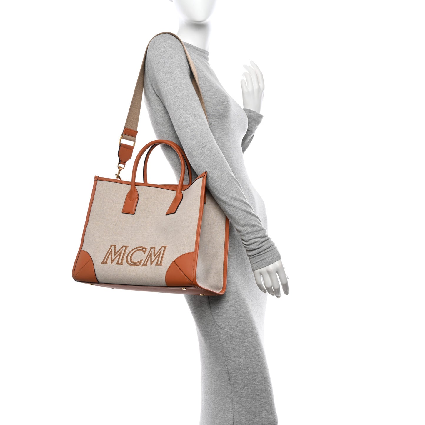Calfskin Linen Large Munchen Tote Cognac