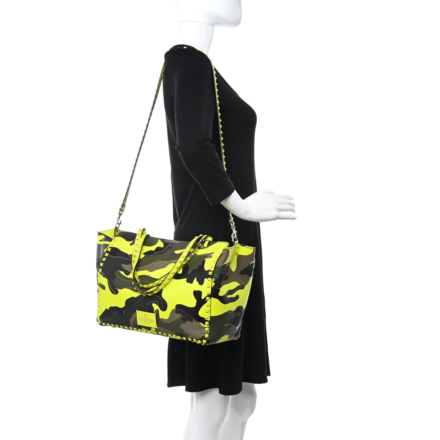 Nappa Canvas Camouflage Medium Rockstud Tote Green Fluo Yellow