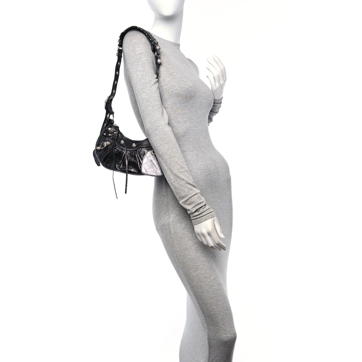 Extra Supple Calfskin Crystal Crocodile Embossed Le Cagole Shoulder Bag XS Gunmetal