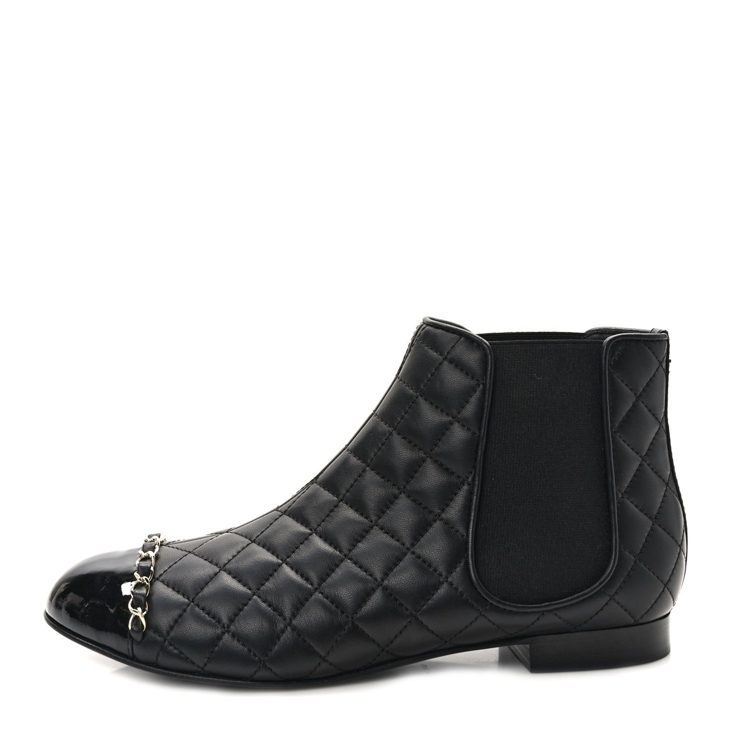 Lambskin Patent Chain Cap Toe Quilted Short Boots 38.5 Black