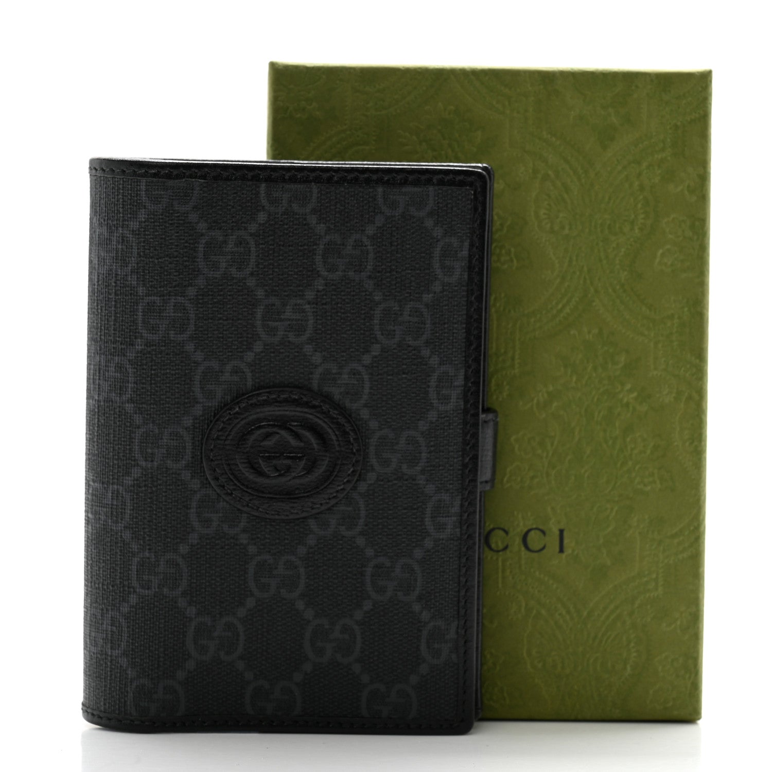 Gucci GG Supreme Monogram Textured Calfskin Retro Interlocking G Passport Case Black Grey 10 of 10
