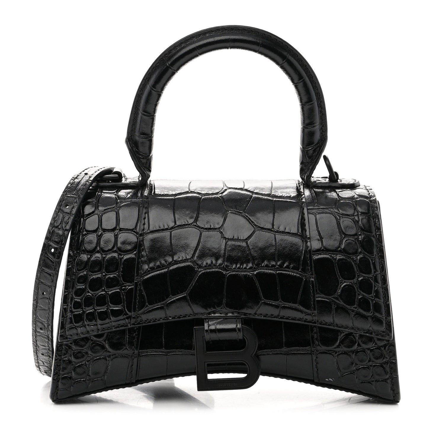 Shiny Calfskin Monochrome Crocodile Embossed Hourglass Top Handle Bag XS Black