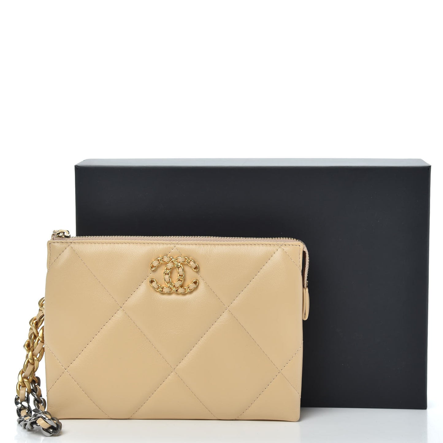 Shiny Goatskin Quilted Chanel 19 Small Pouch With Handle Beige