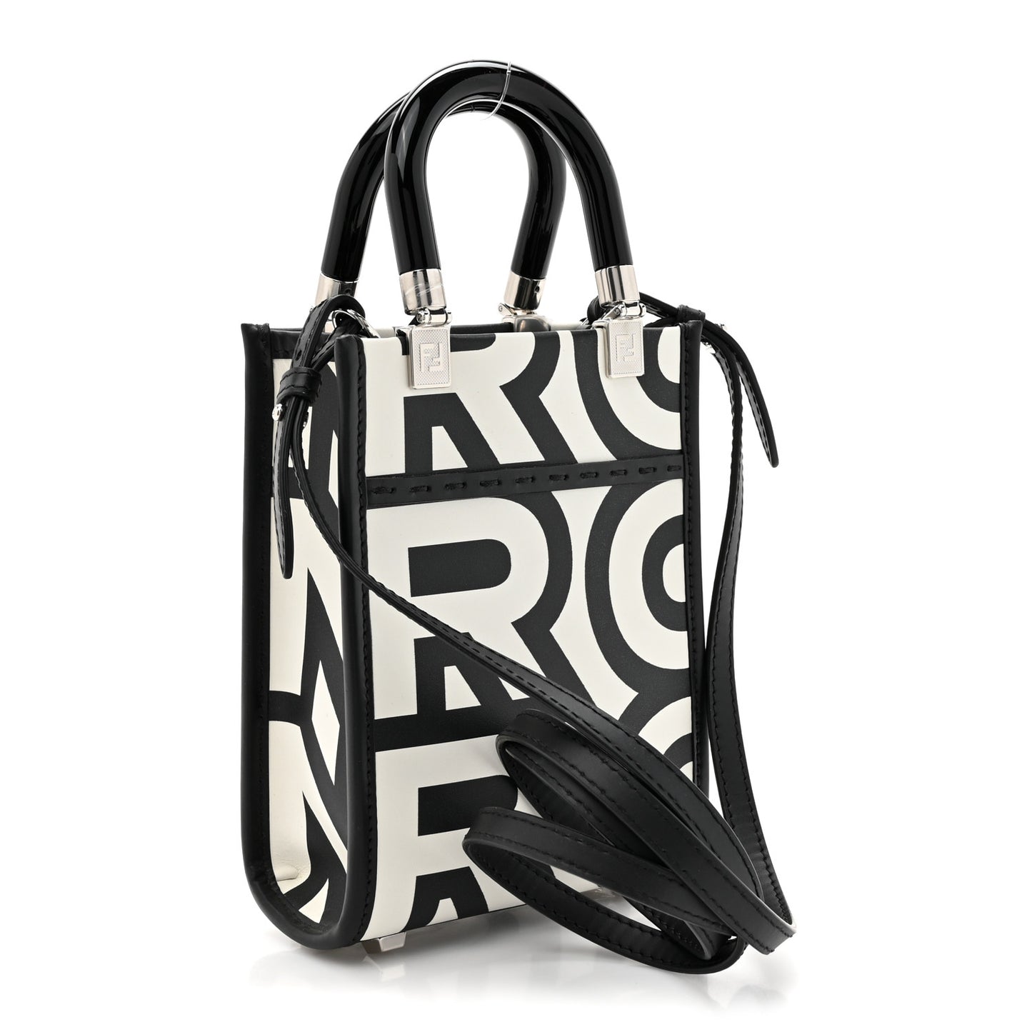 X MARC JACOBS Vitello King Plexiglass Logo Print Mini Fendi Sunshine Shopper Tote Black White