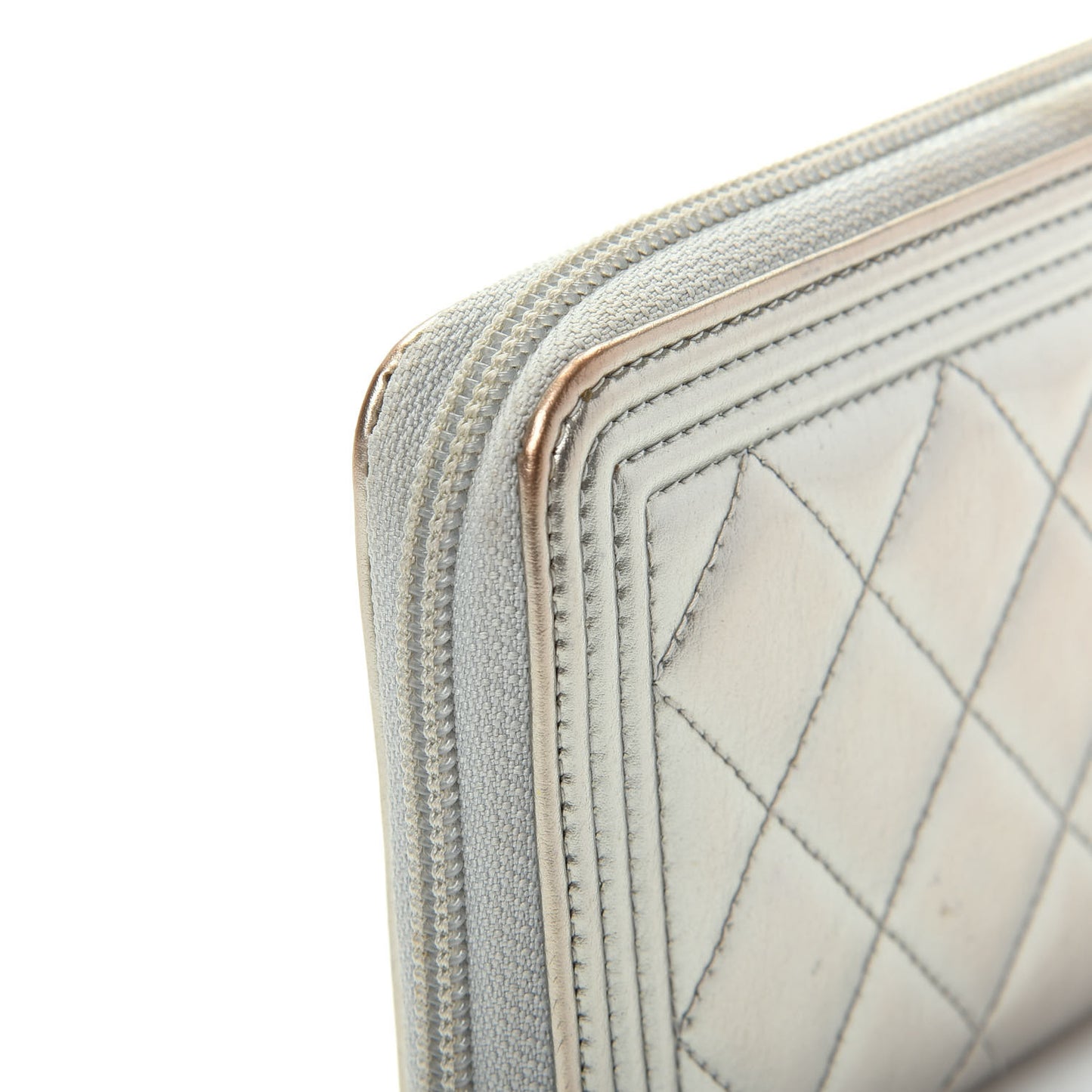 Metallic Calfskin Quilted Boy Zip Around Wallet Silver