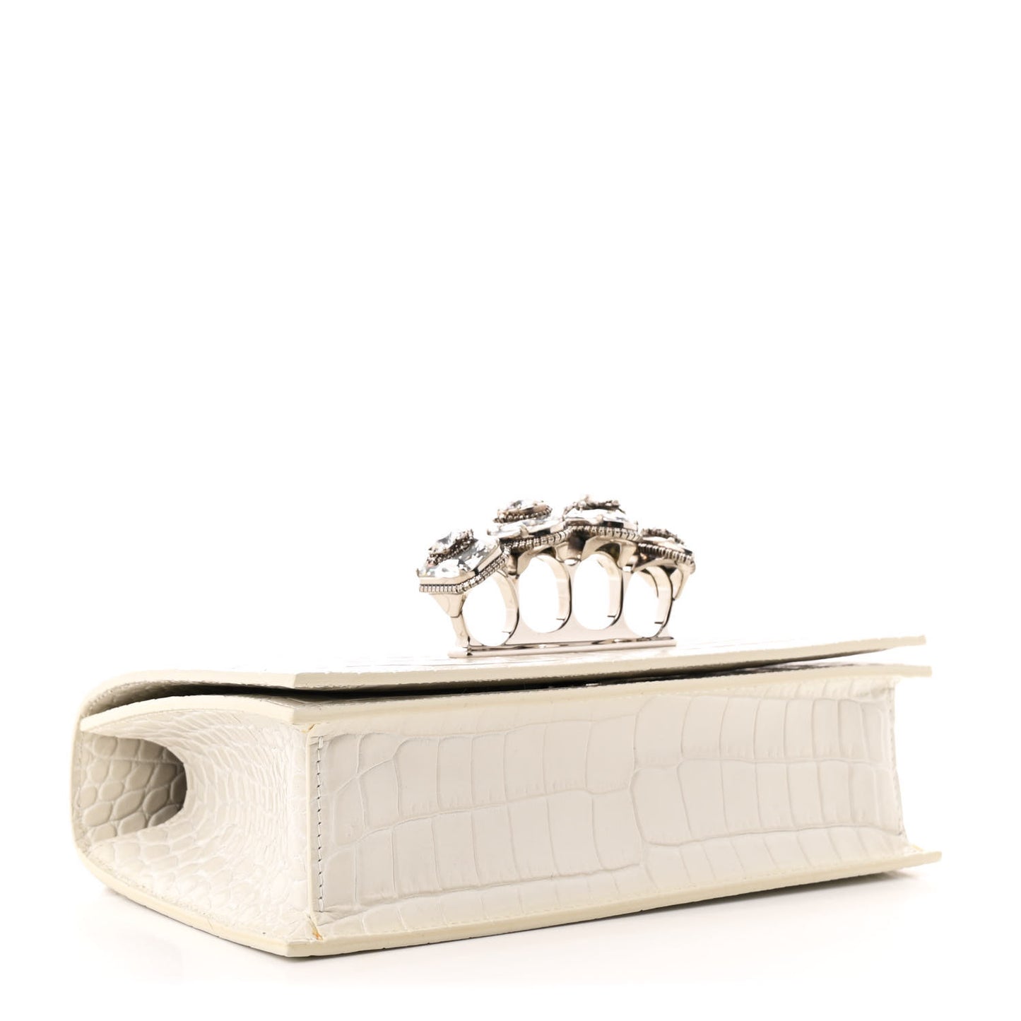 Shiny Calfskin Crocodile Embossed Knuckle Jeweled Crossbody White