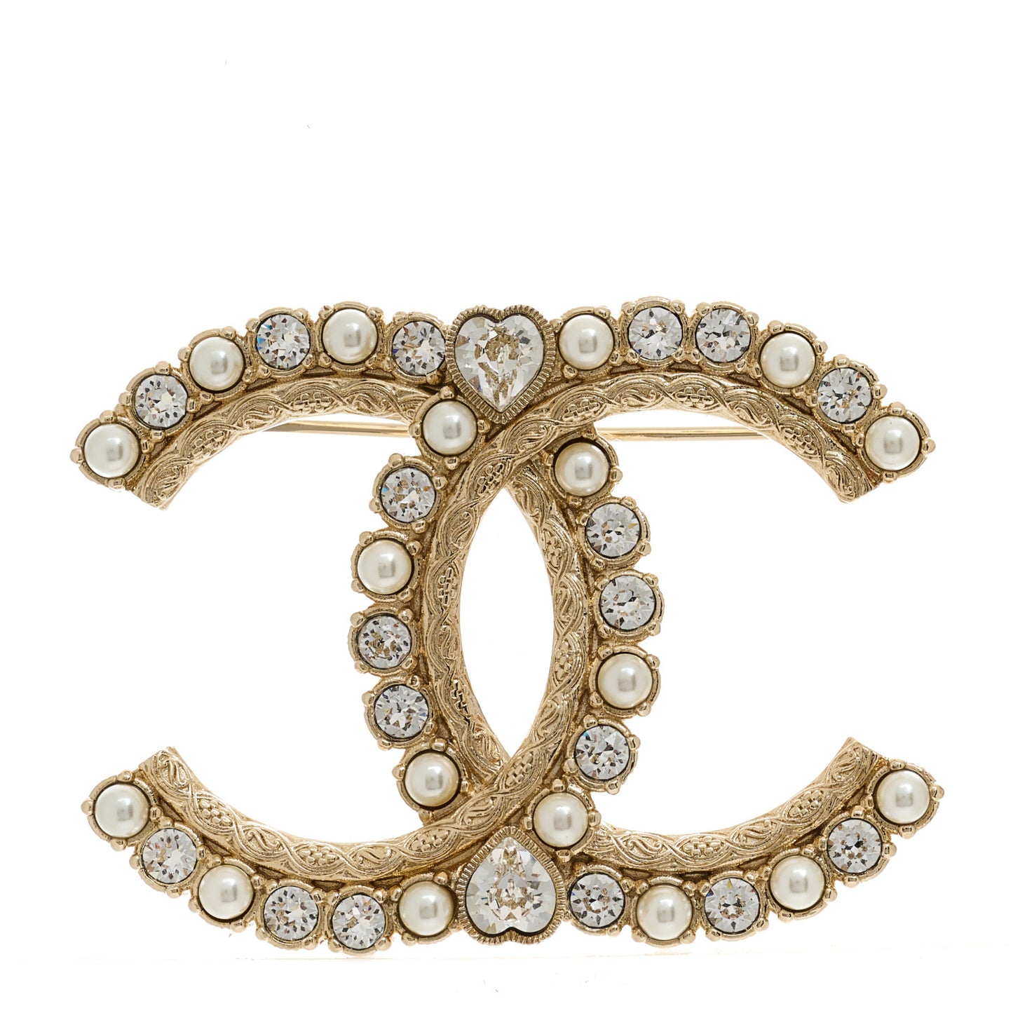 Pearl Crystal CC Brooch Gold