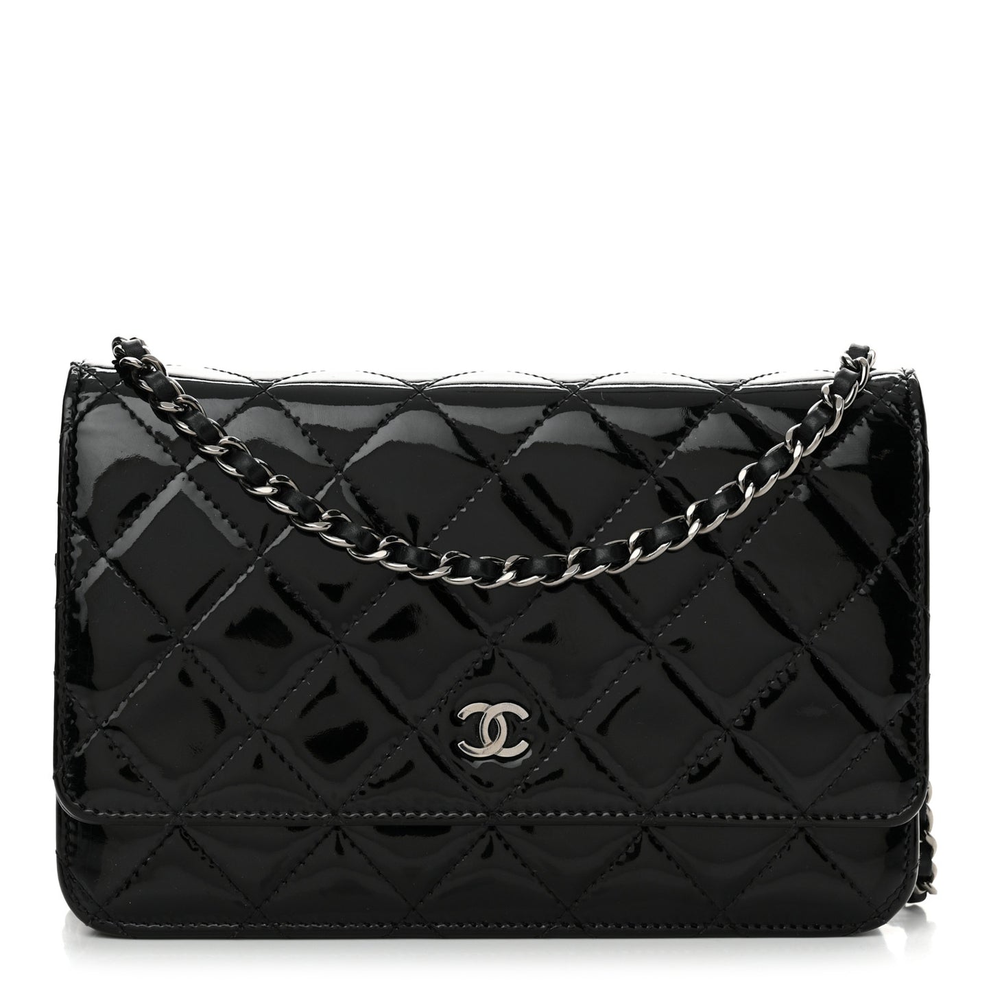 Patent Calfskin Quilted Wallet On Chain WOC Black