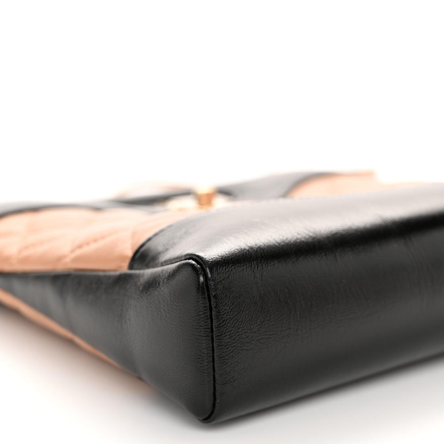 Shiny Crumpled Calfskin Quilted Mini 31 Shopping Bag Dark Beige Black