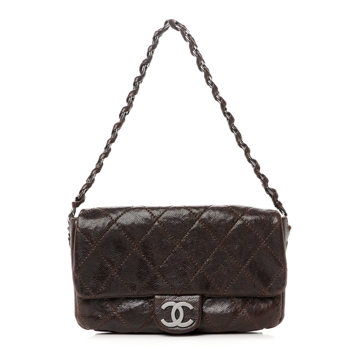 Glazed Caviar Quilted Modern Chain Flap Dark Brown