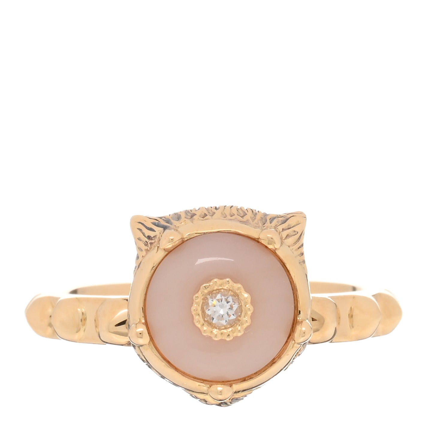 18K Yellow Gold Pink Opal Diamond Le Marché Des Merveilles Feline Ring 49 4.75