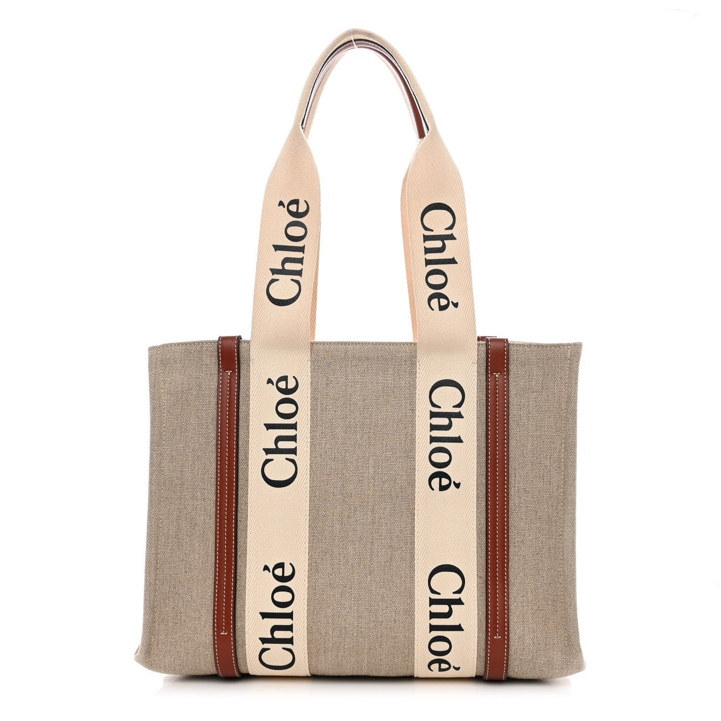 Linen Calfskin Medium Woody Ribbon Tote White Brown