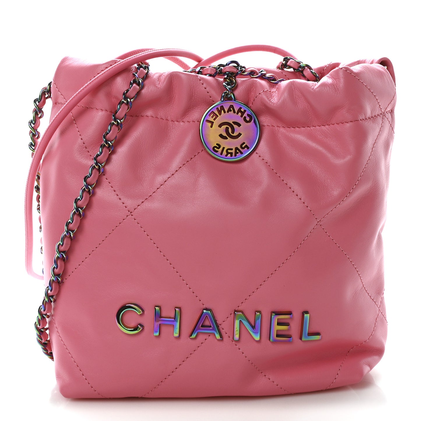 Shiny Calfskin Quilted Rainbow Metal Mini Chanel 22 Coral Pink