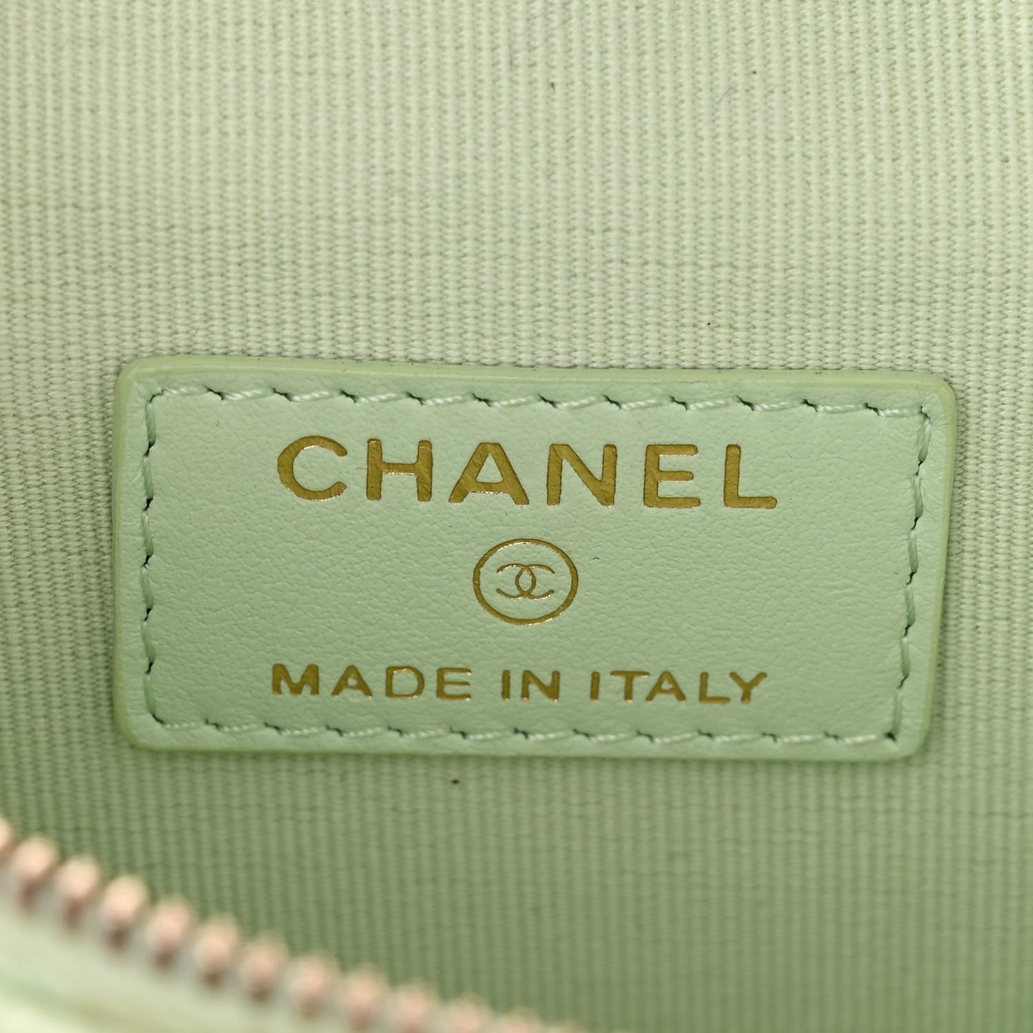 Caviar Quilted Small Handle With Care Vanity Case With Chain Light Green