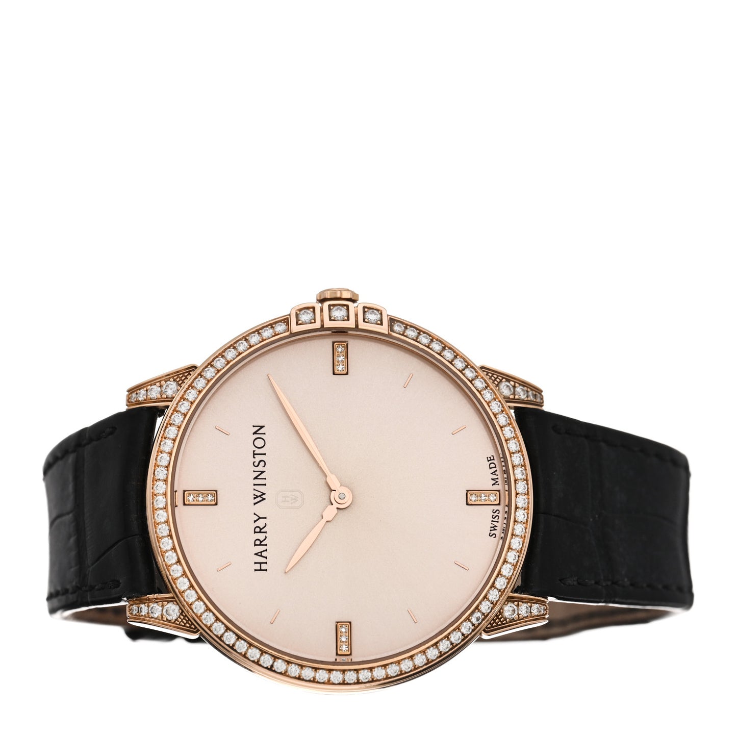 18K Rose Gold Alligator Diamond Bezel 39mm Midnight Quartz Watch Champagne