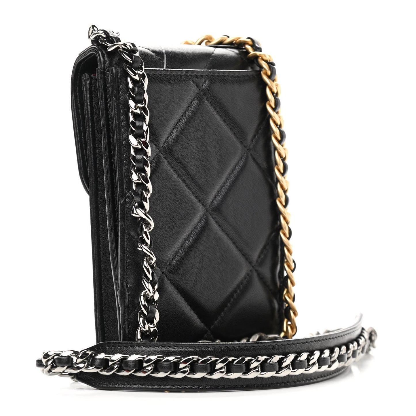 Lambskin Quilted Chanel 19 Phone Holder With Chain Black