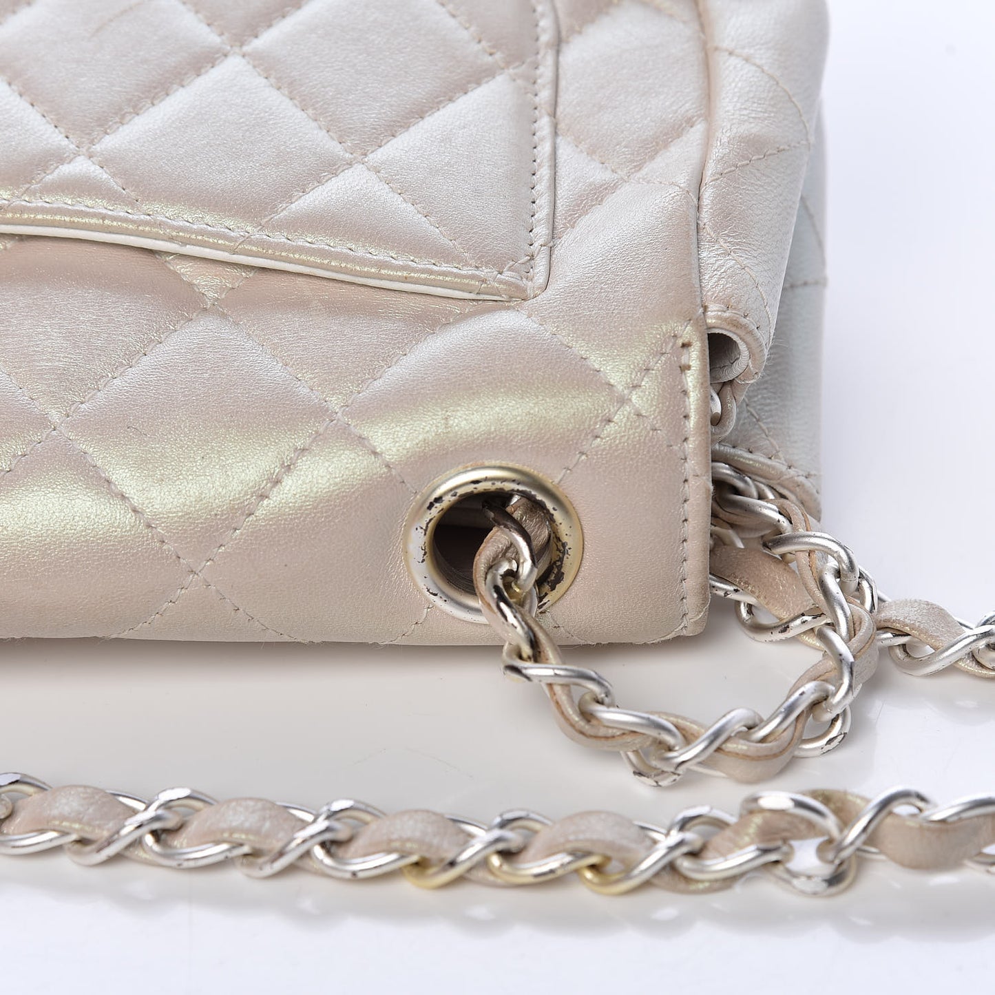 Metallic Lambskin Quilted Extra Mini Rectangular Flap Ivory